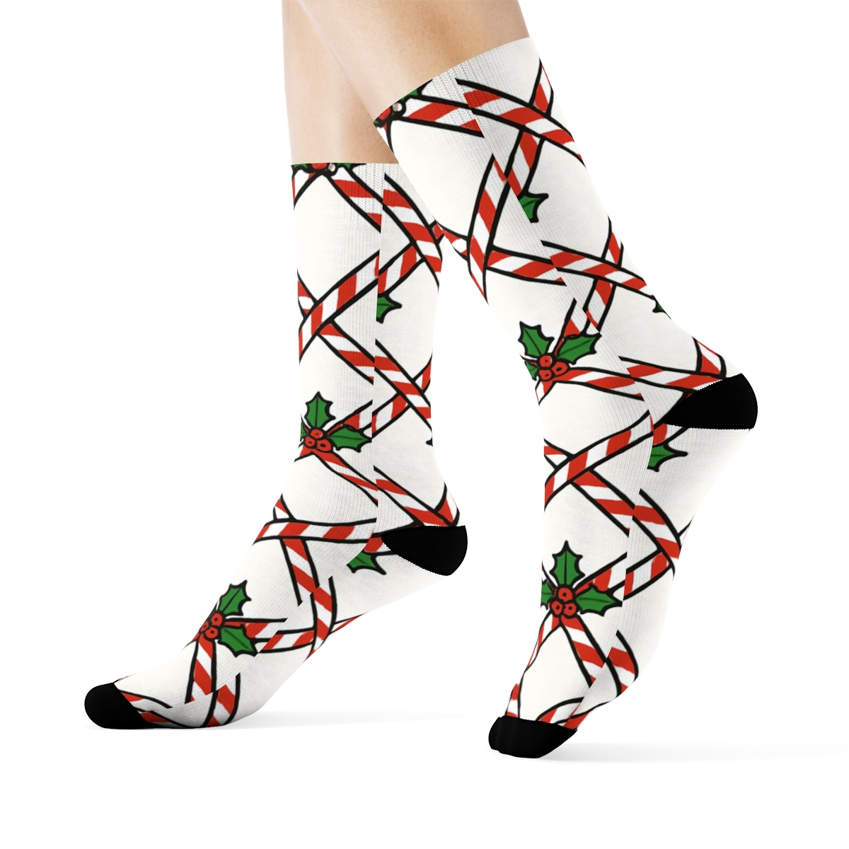 Candy Cane Grid Holiday Edition designer printed crew socks