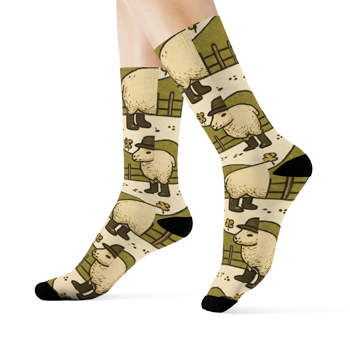 Clover Banding With Fence Posts, Sheep custom crew socksClover Banding with Fence Posts, Sheep Crew Socks - Image 3