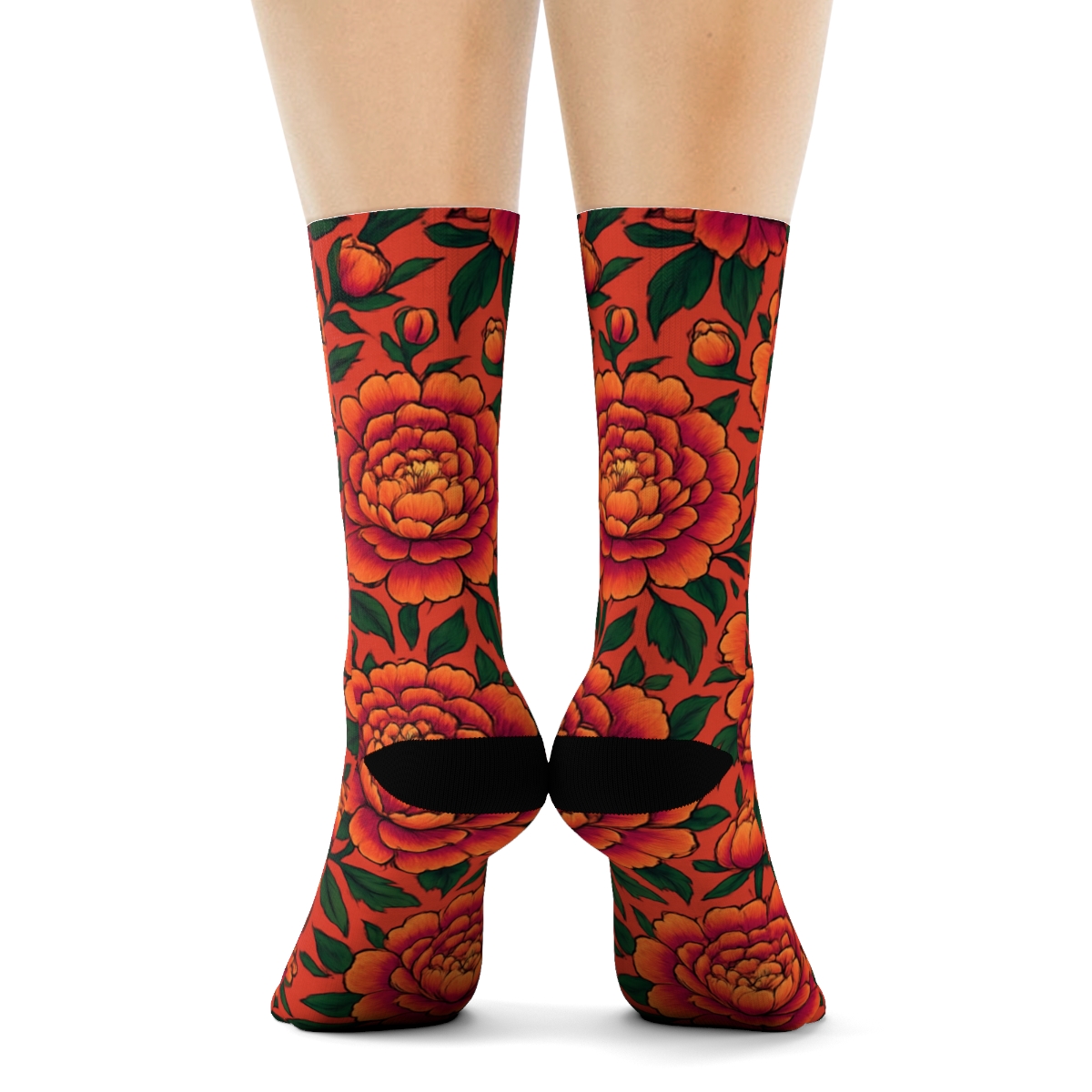 Sunset Peony Medallion Tiles On Deep Coral Background unique graphic crew socks