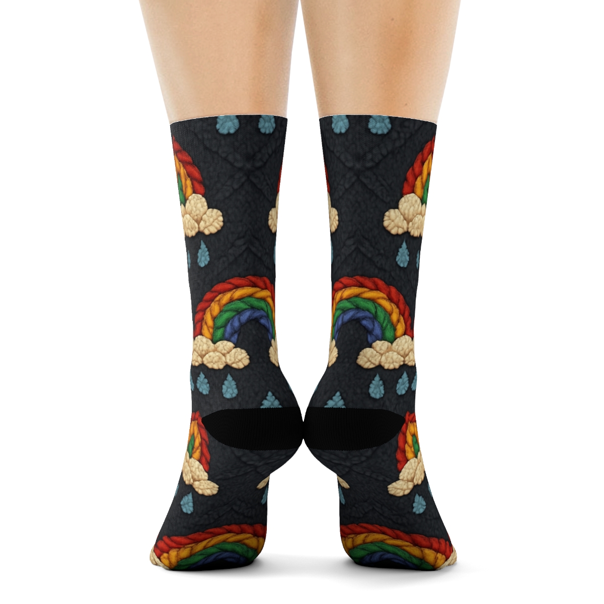 Knitted Rainbow Arc Cable Lattice On Charcoal Background trendy patterned crew socks