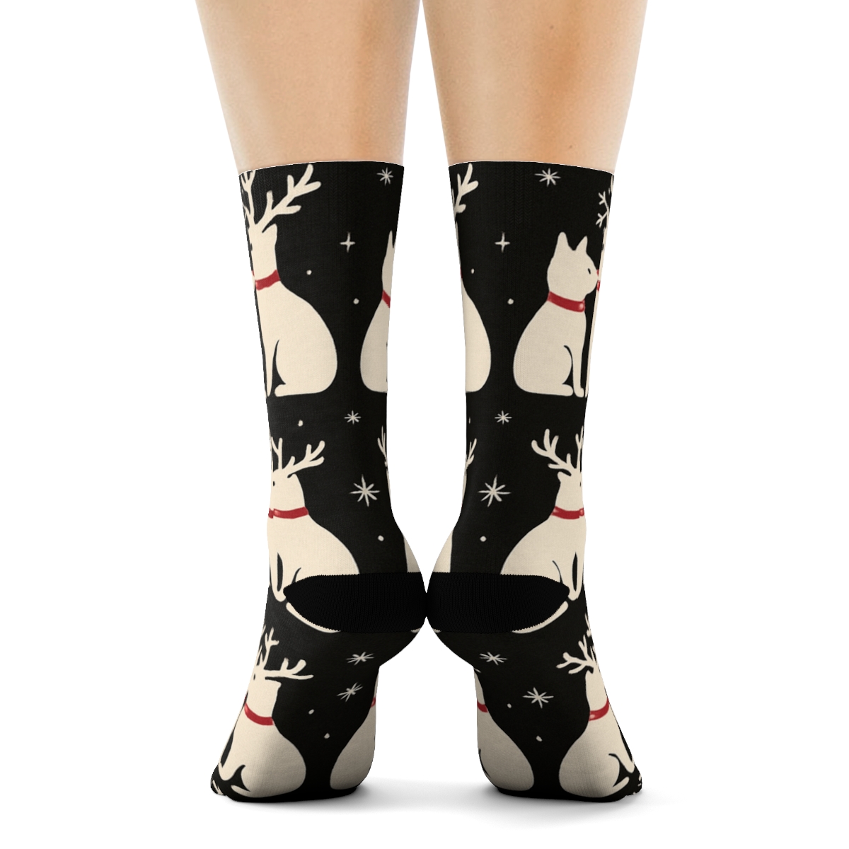 Minimal Reindeer Cat Silhouettes On Black Background soft everyday crew socks