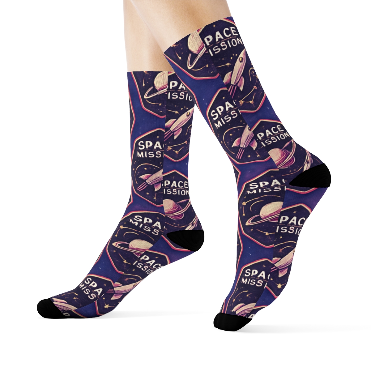 Cosmic Purple Retro Mission Patch Tessellation On Nebula Gradient trendy patterned crew socks