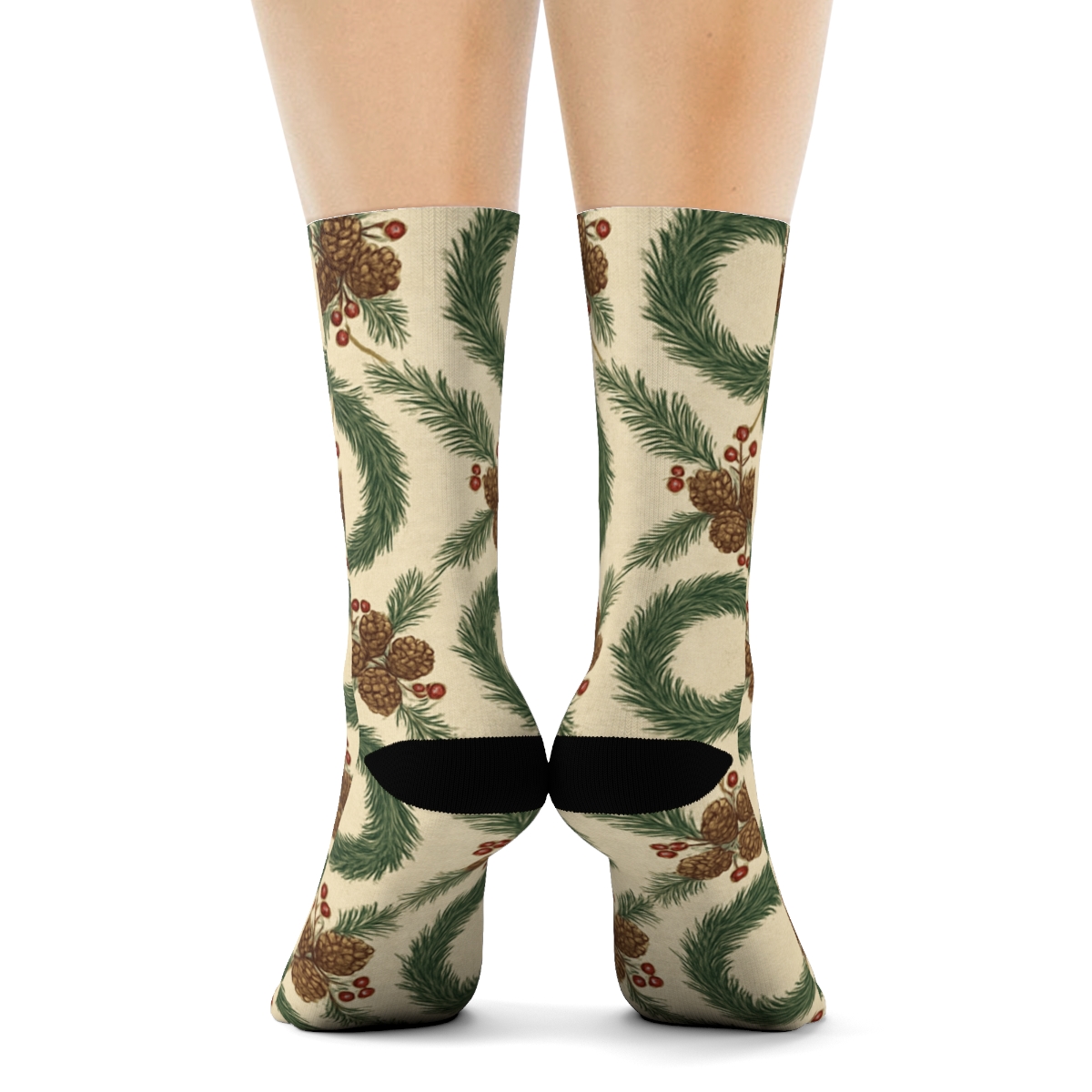 Evergreen Wreath Lattice On Ivory stylish athletic crew socks