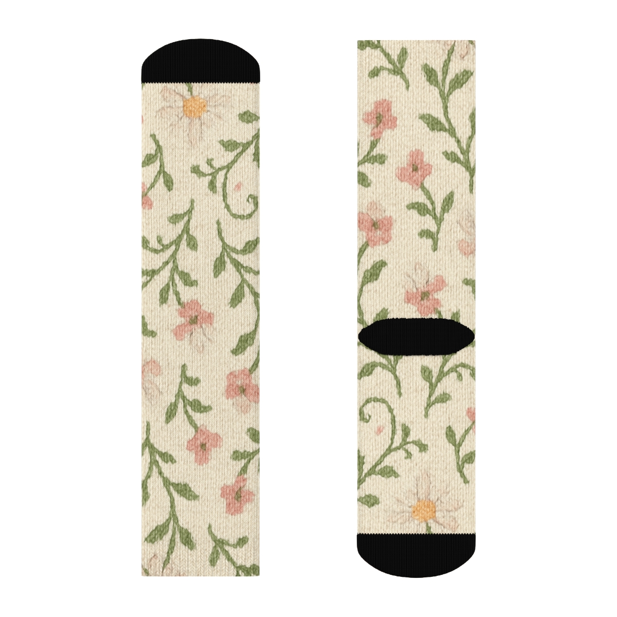Sage Wildflower Knit Illusion Scatter On Warm Ivory Background unique graphic crew socks