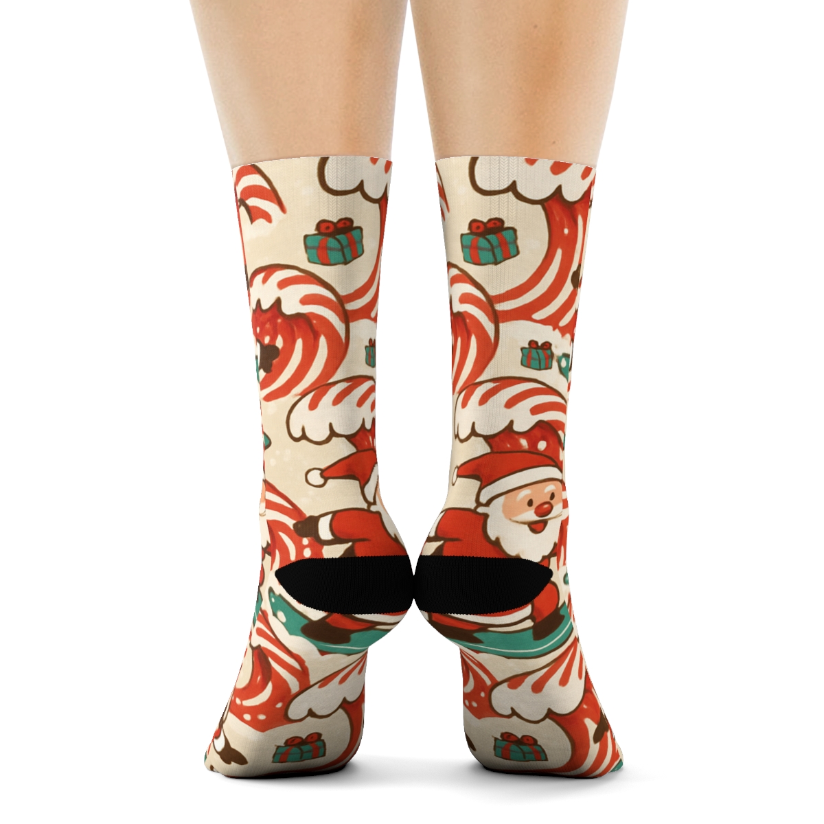 Santa Surfing Xmas Wave Repeat designer printed crew socks