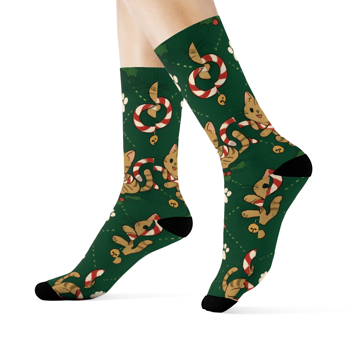 Candy Cane Kittens Lattice On Pine Green Background designer printed crew socks