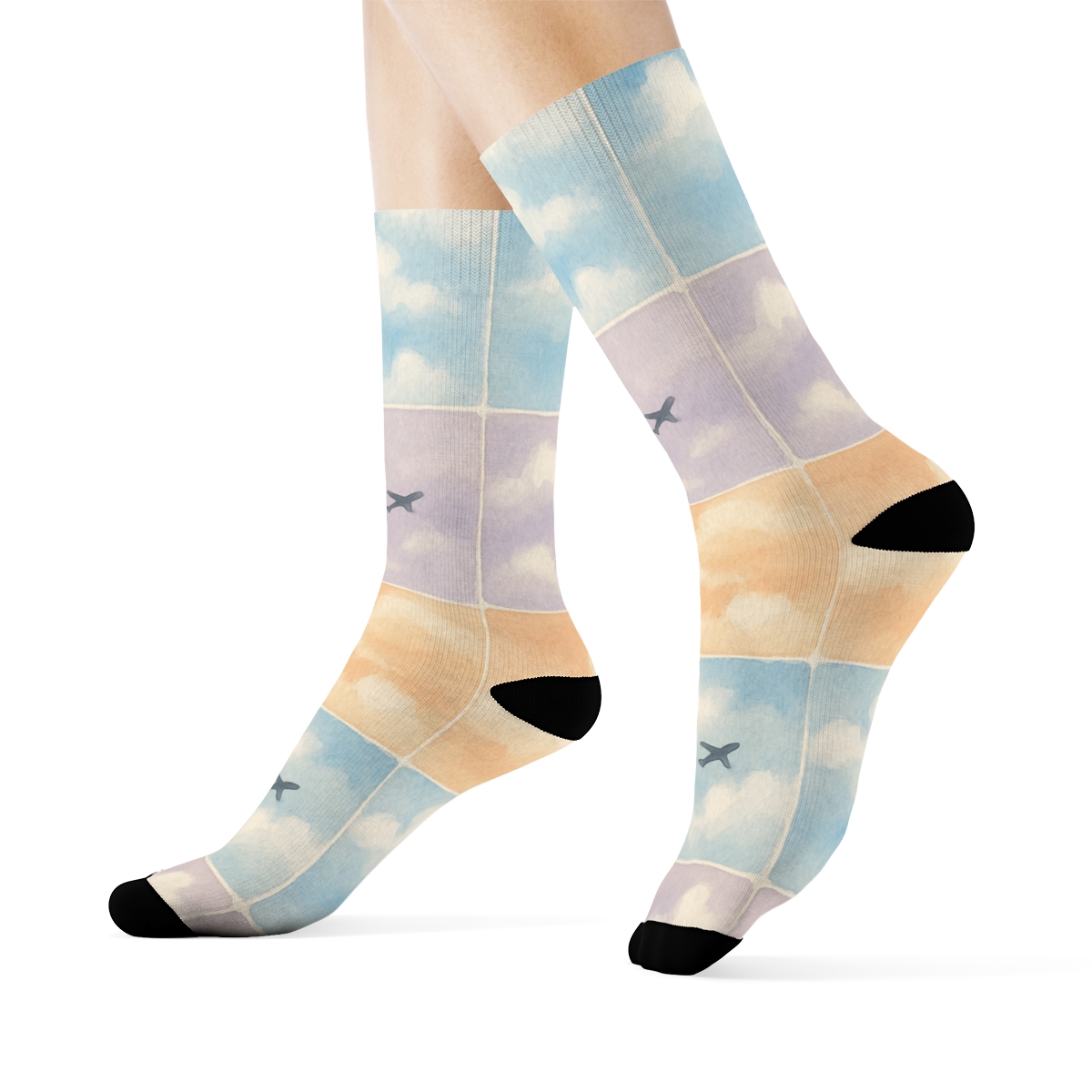 Airplane Sky Study Watercolor Tiles designer printed crew socks