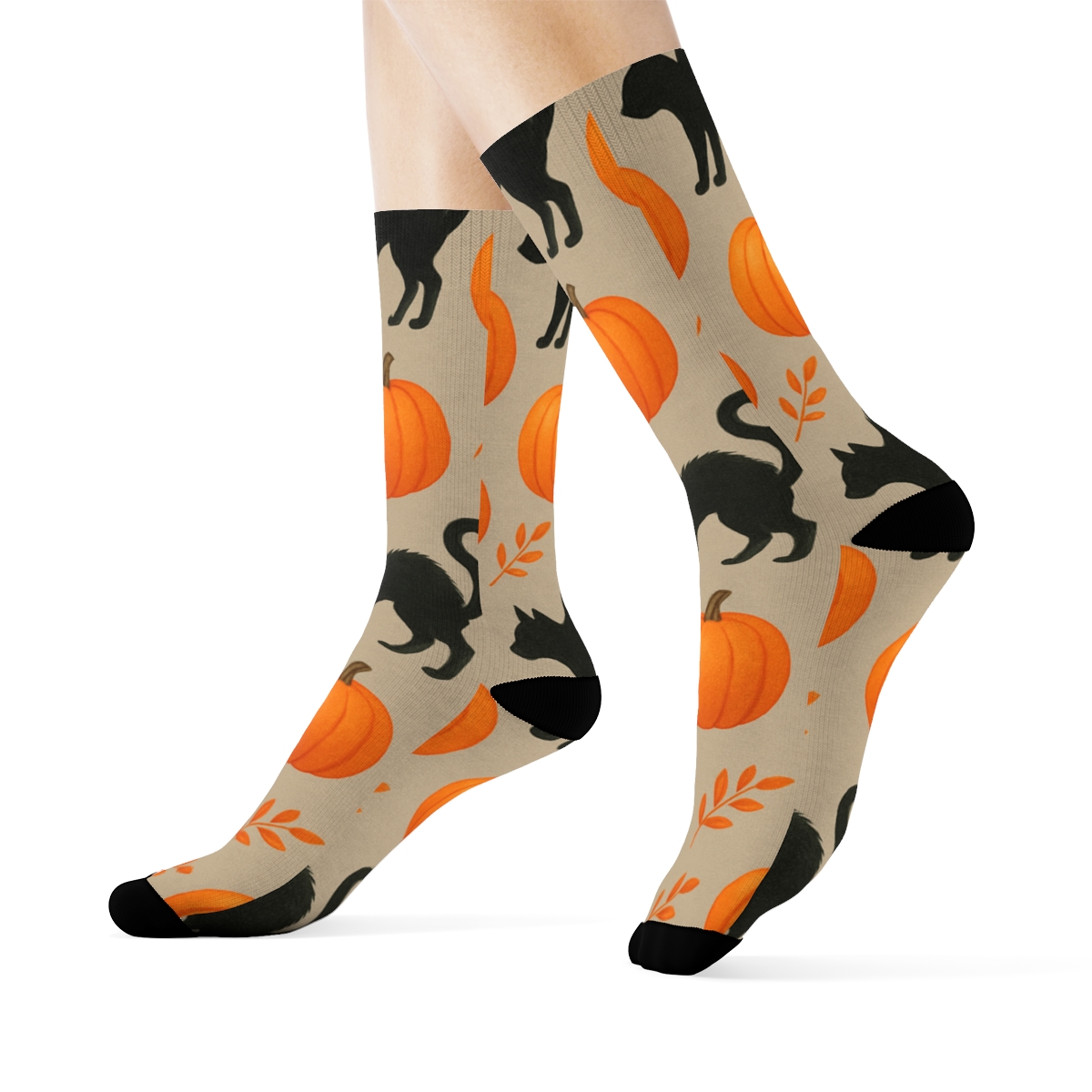 Black Cat And Pumpkin Diagonal March On Proper Neutral Background soft everyday crew socks