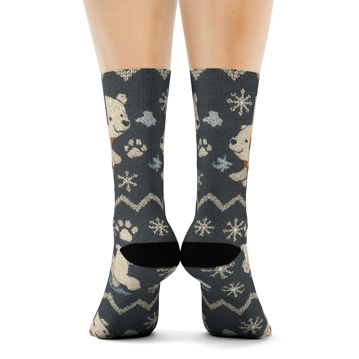 Knitted Illusion Snow Party, Playful Polar Bear Cubs stylish athletic crew socksKnitted Illusion Snow Party, Playful Polar Bear Cubs Crew Socks - Image 4