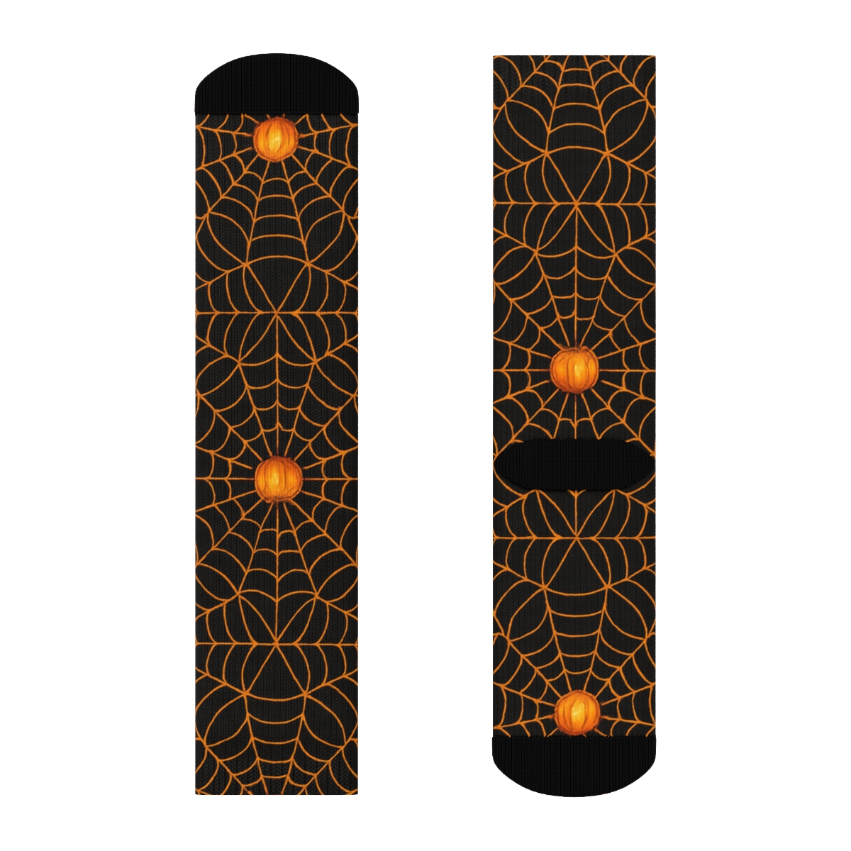 Orange Spider Web Overlay With Pumpkins On Black Background unique graphic crew socks