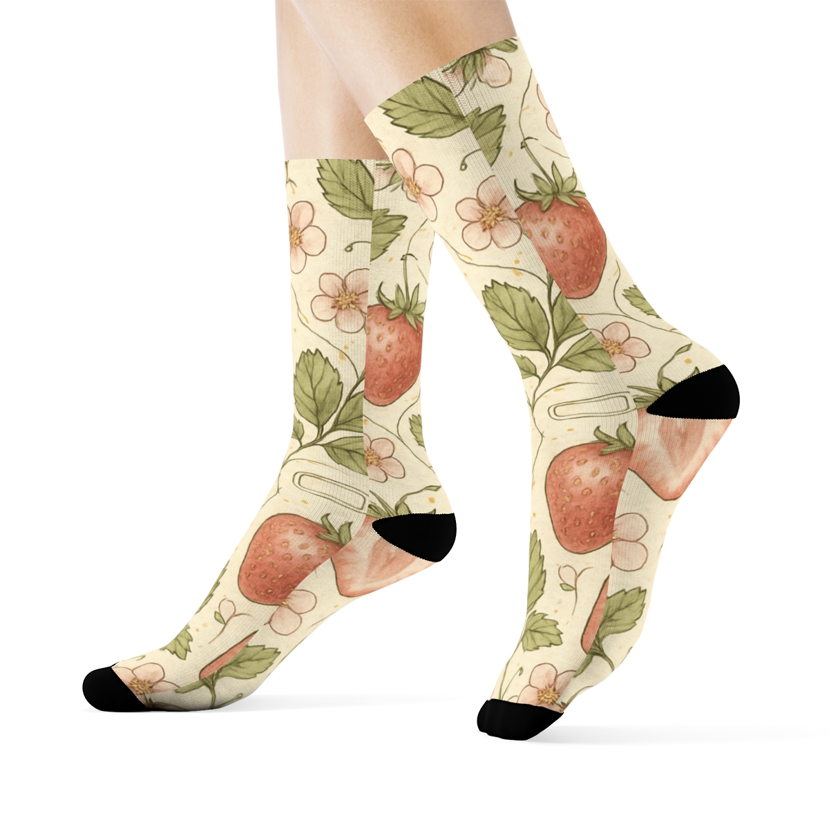 Vintage Strawberry Herbarium Tile On Cream Parchment Background trendy patterned crew socks