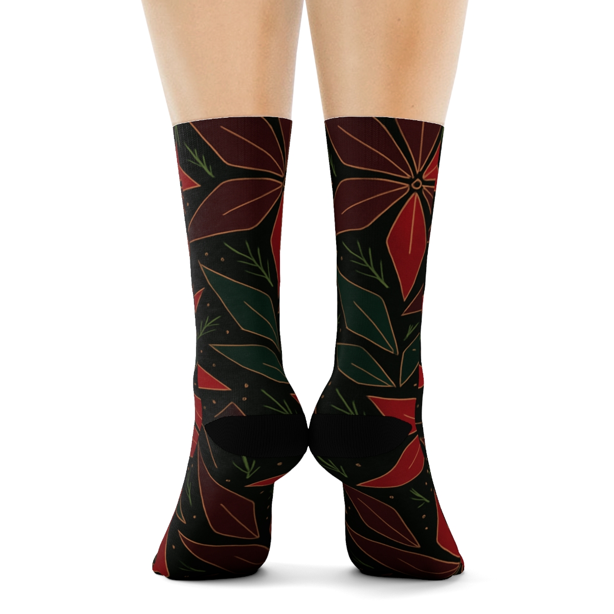Crimson Poinsettia Star Chevron On Black Night trendy patterned crew socks