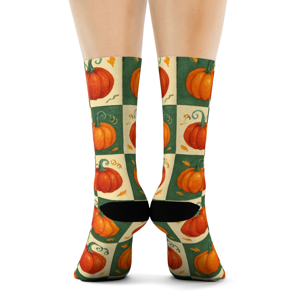 Pumpkin Patch Checkerboard On Forest Green personalized crew socks