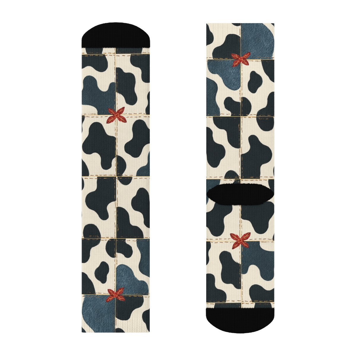 Woven Denim Patchwork With Bandana Accent Spots comfortable cotton crew socks