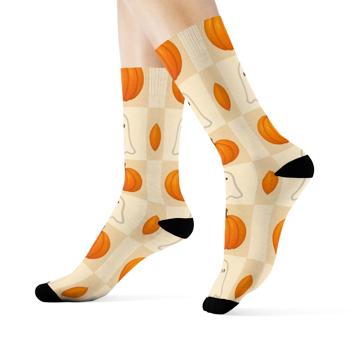 Ghost And Pumpkin Alternating Checker On Proper Neutral Background designer printed crew socks