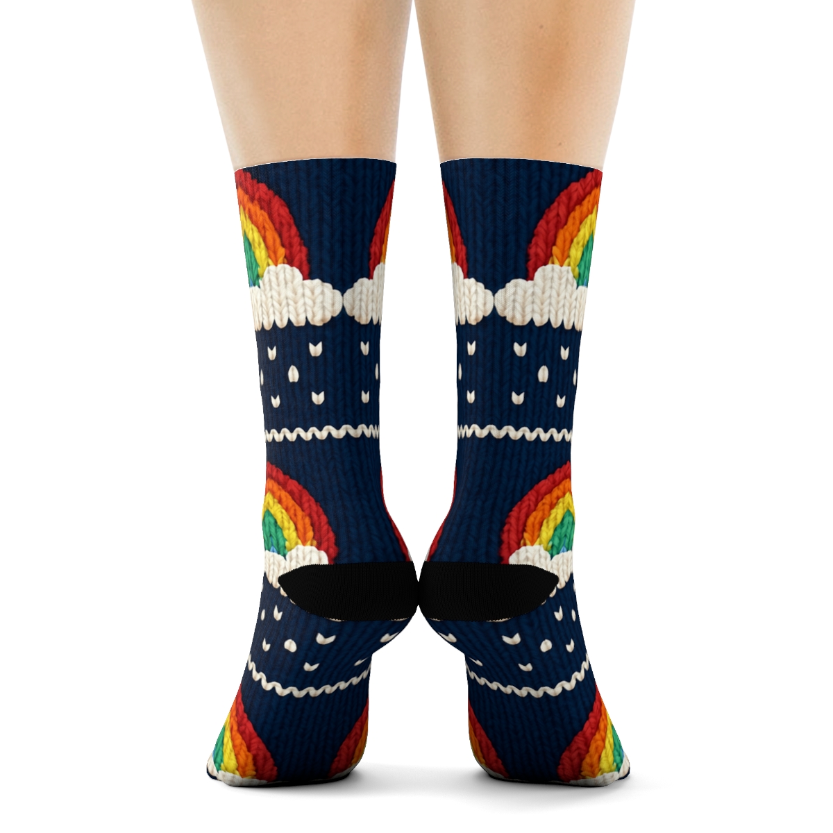 Rainbow Knit Illusion Cable Rows On Midnight Navy personalized crew socks