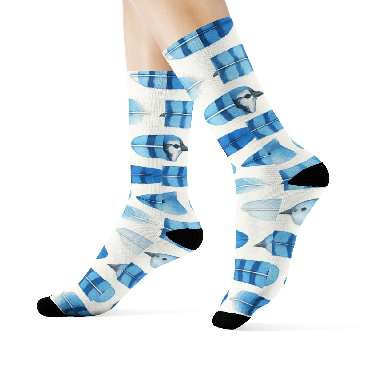 Blue Jay Feather Bar Stripe Repeat On White Background comfortable cotton crew socks