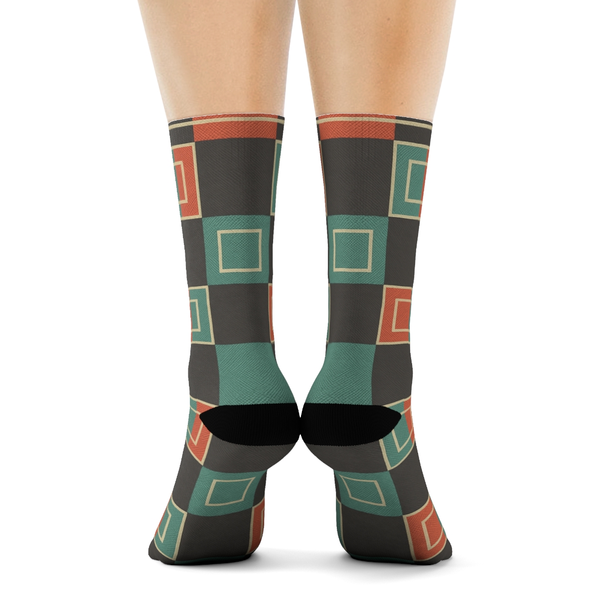 Bold Coral And Teal Nested Block Checks With Concentric Square Insets On Charcoal designer printed crew socks