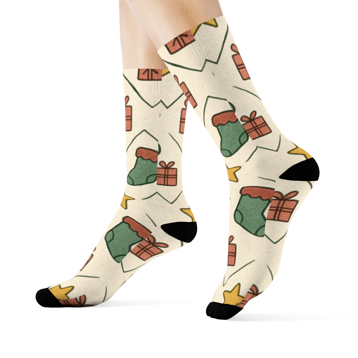 Stocking And Star Lattice On Ivory Background designer printed crew socks