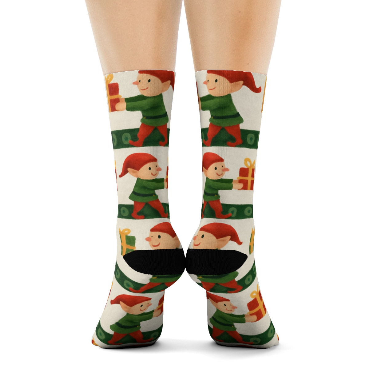 Elves With Holiday Toy Conveyor Stripe Pattern designer printed crew socksElves with Holiday Toy Conveyor Stripe Pattern Crew Socks - Image 4