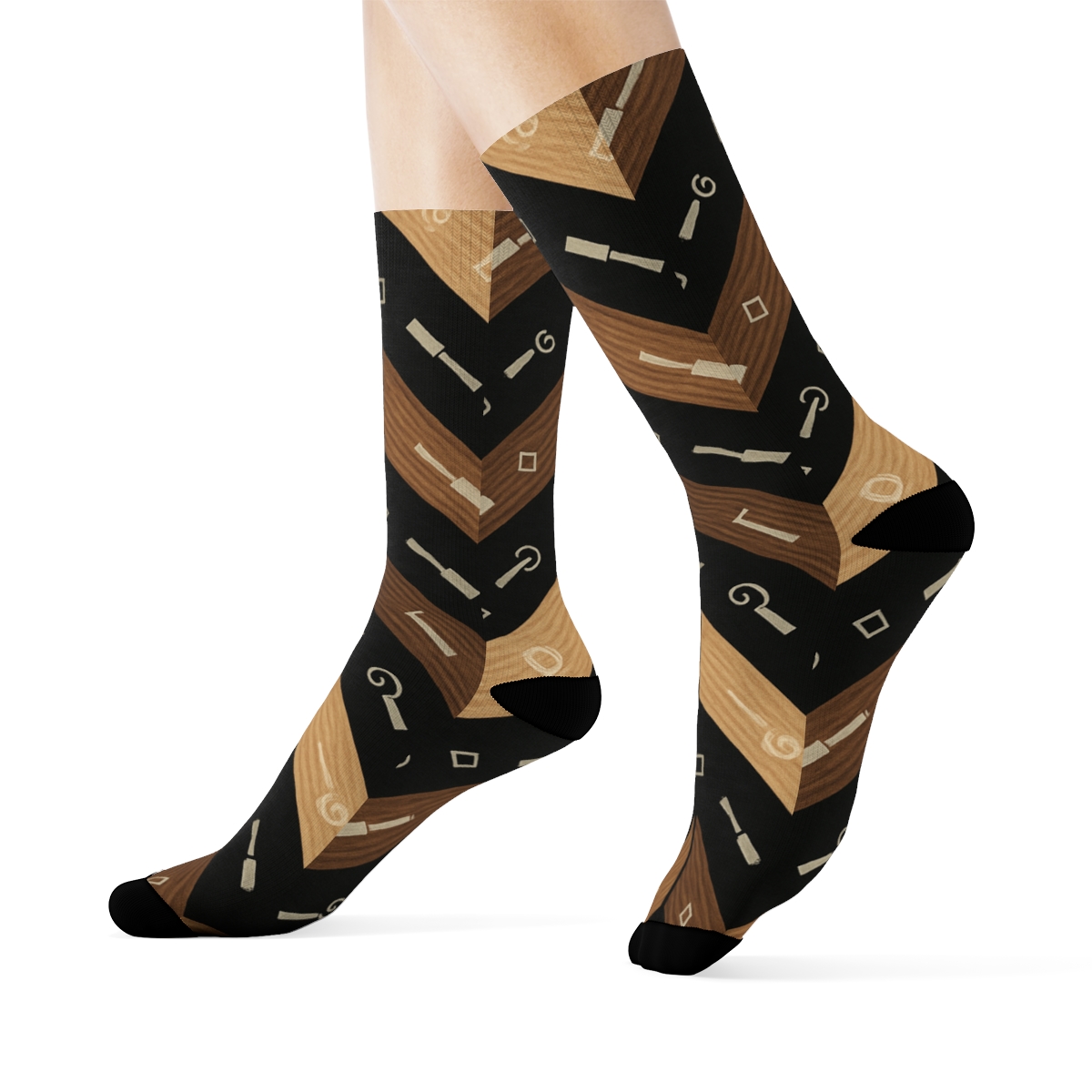 Walnut Plank Chevron With Carpenter Motif Highlights personalized crew socks
