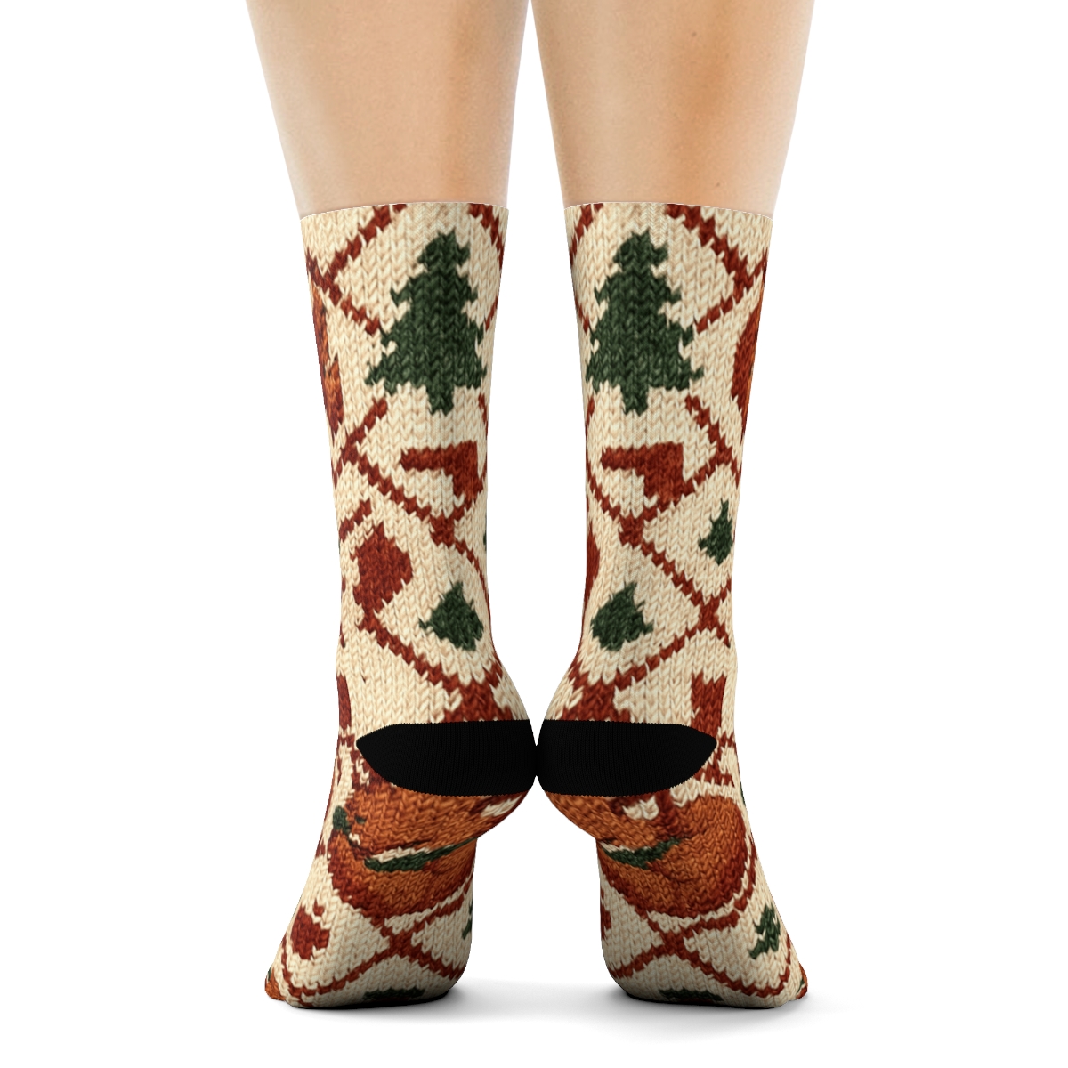Cozy Knitted Fox Fair Isle Lattice On Cream Background designer printed crew socks