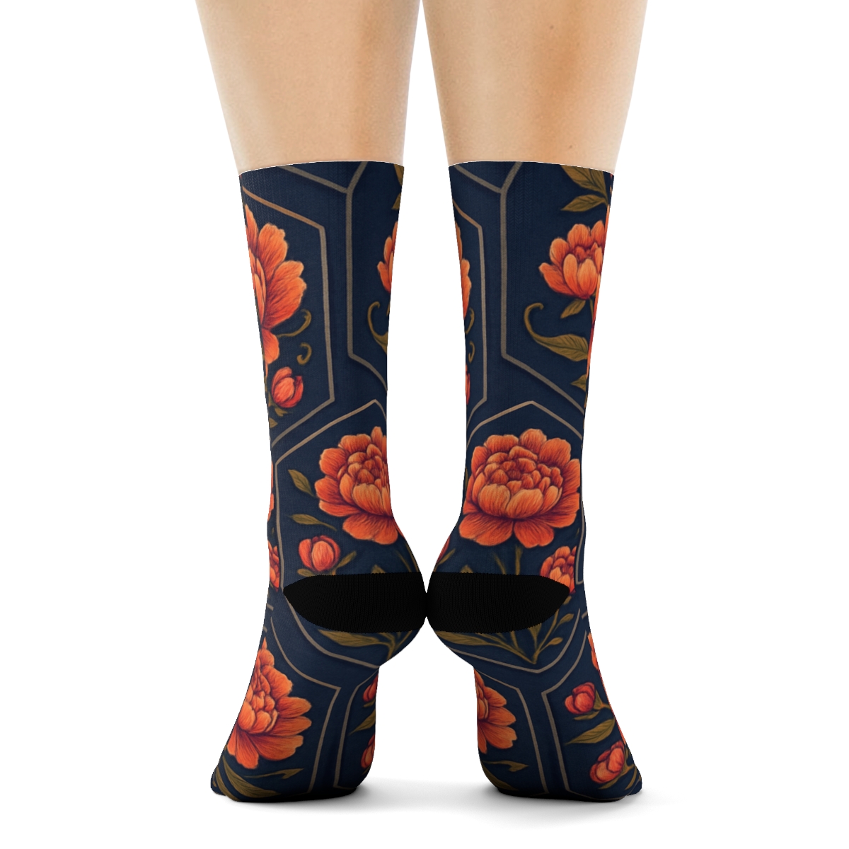 Sunset Peony Medallion Tiles On Deep Indigo Background stylish athletic crew socks