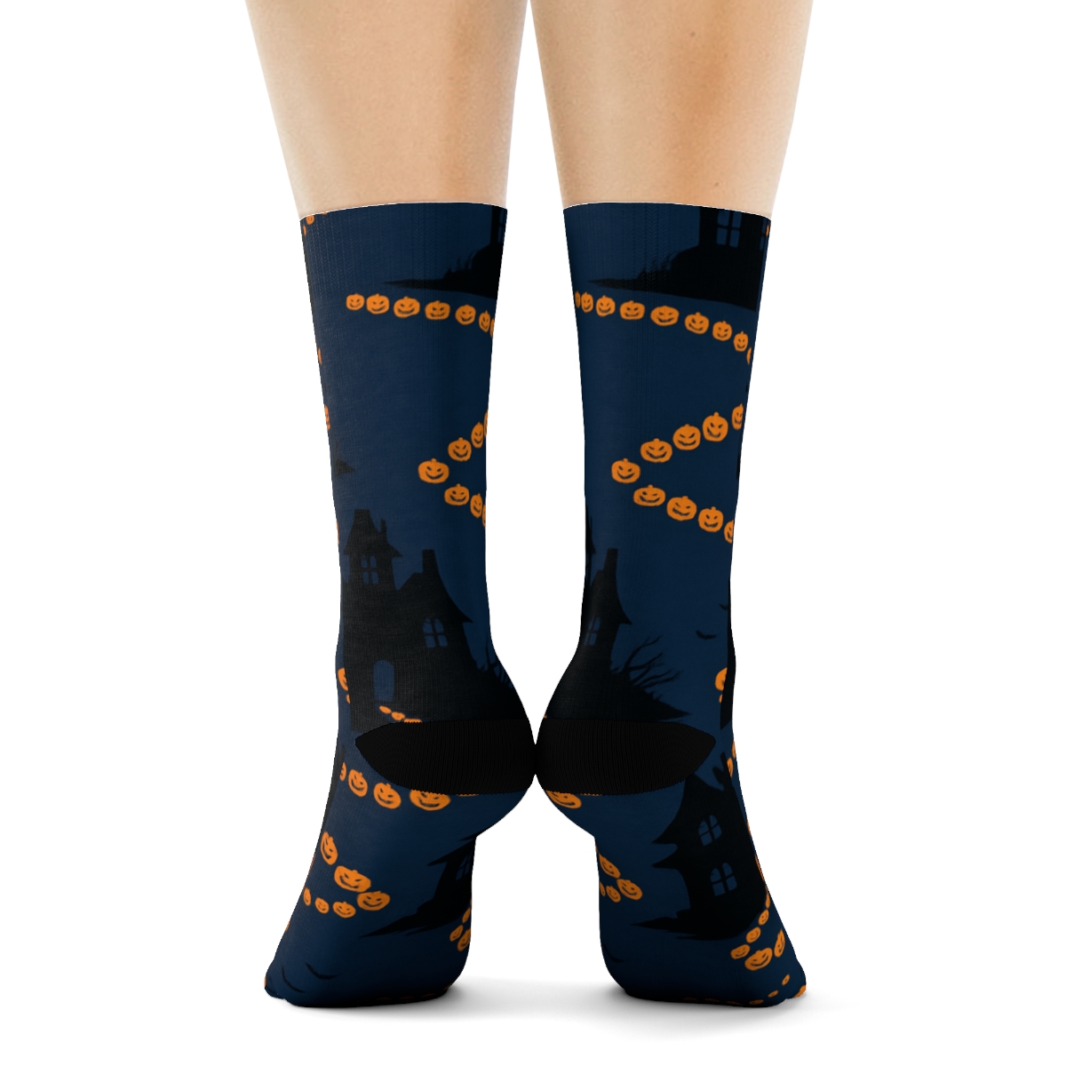 Haunted House Silhouette And Pumpkin Path On Deep Navy Background trendy patterned crew socks