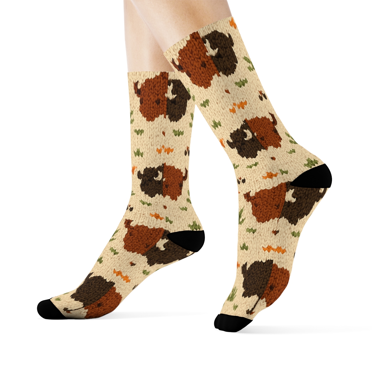 Knitted Prairie Rhythm Bison Pattern comfortable cotton crew socks