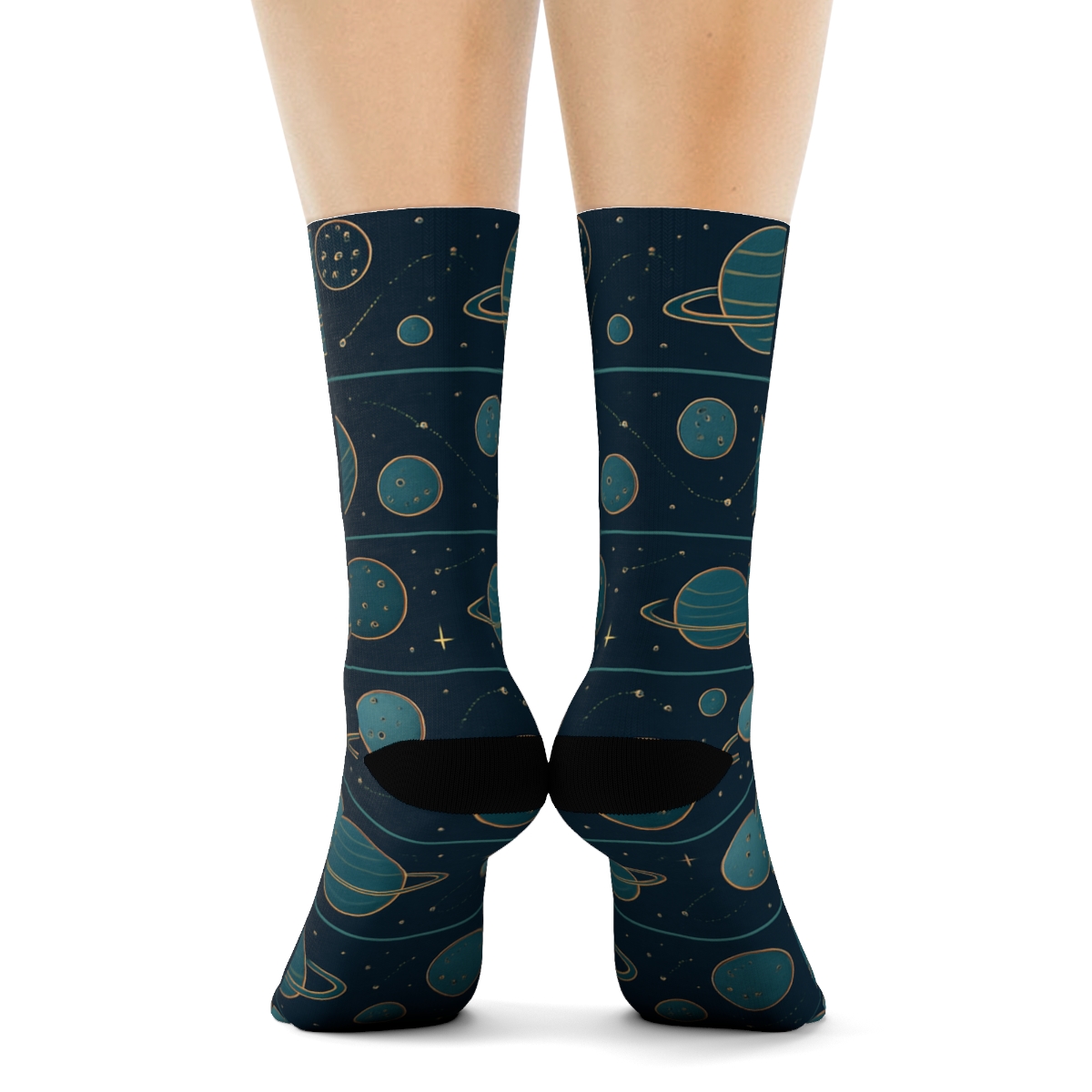 Ionized Teal Orbital Bands On Deep Navy Background custom crew socks