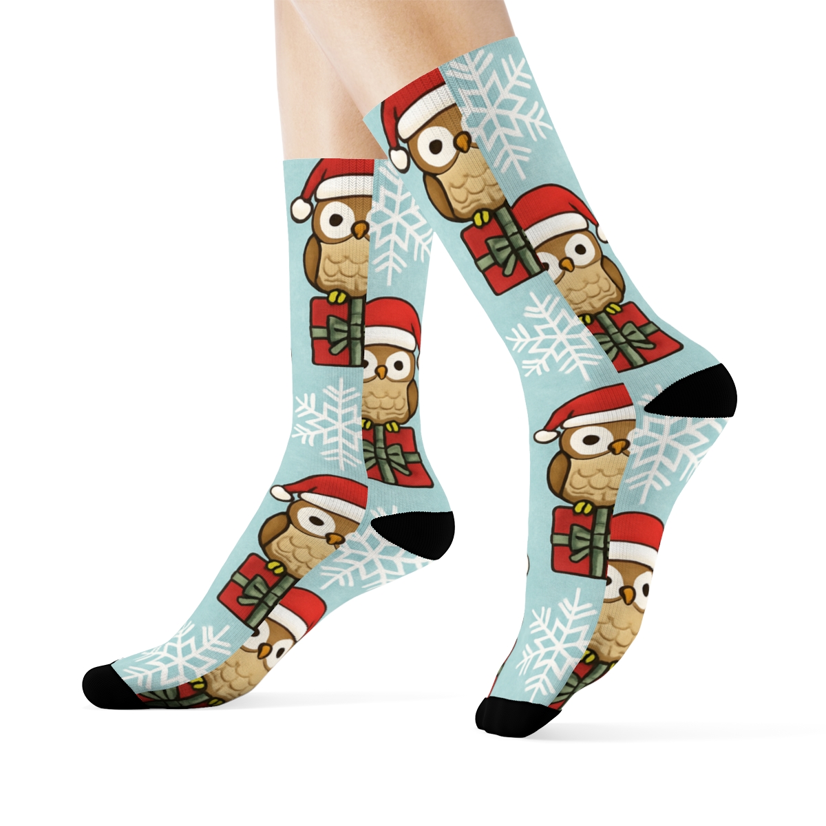 Santa Hat Owl Snowflake Grid On Ice Blue Background trendy patterned crew socks
