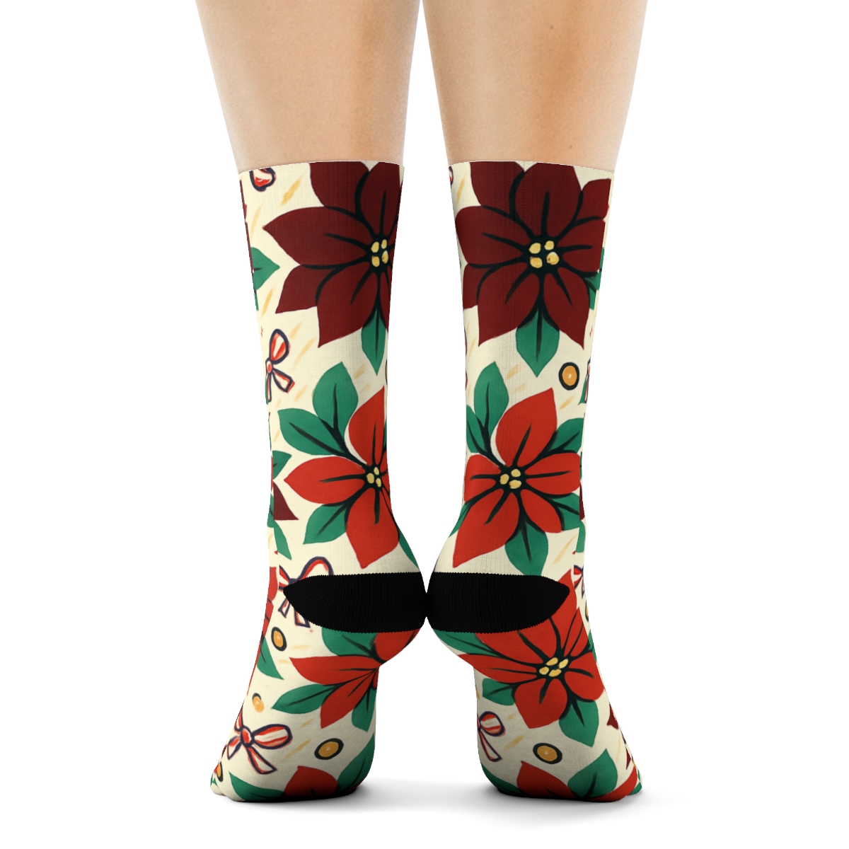 Poinsettia Ribbon Swirl Scatter On Warm Ivory Background trendy patterned crew socks