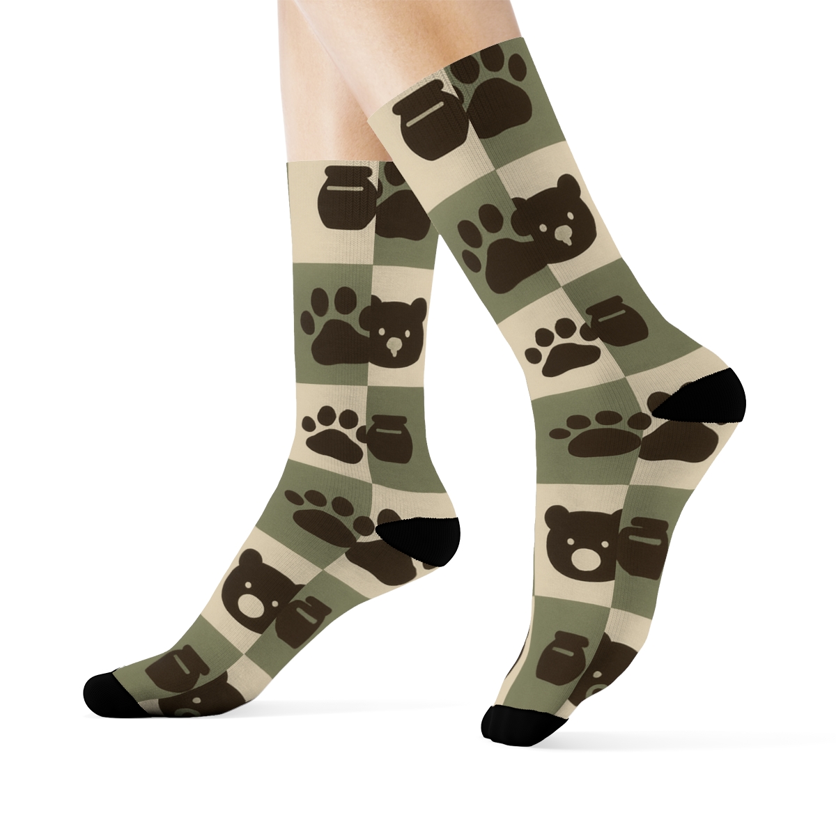 Woodland Paw Grid With Hidden Bear trendy patterned crew socks