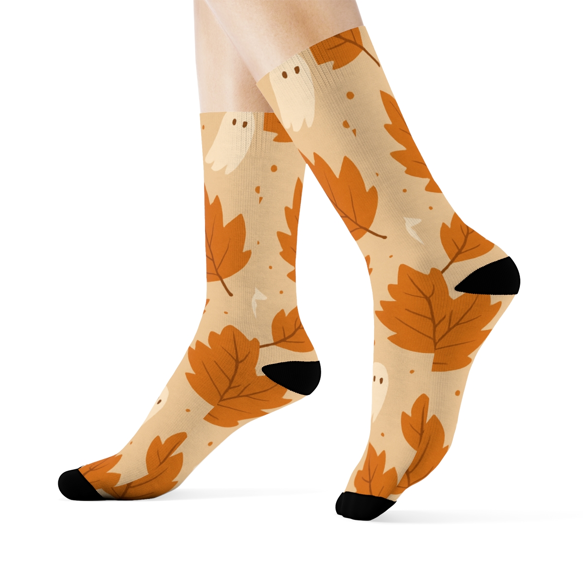 Orange Autumn Leaf And Ghost Scatter On Proper Neutral Background unique graphic crew socks