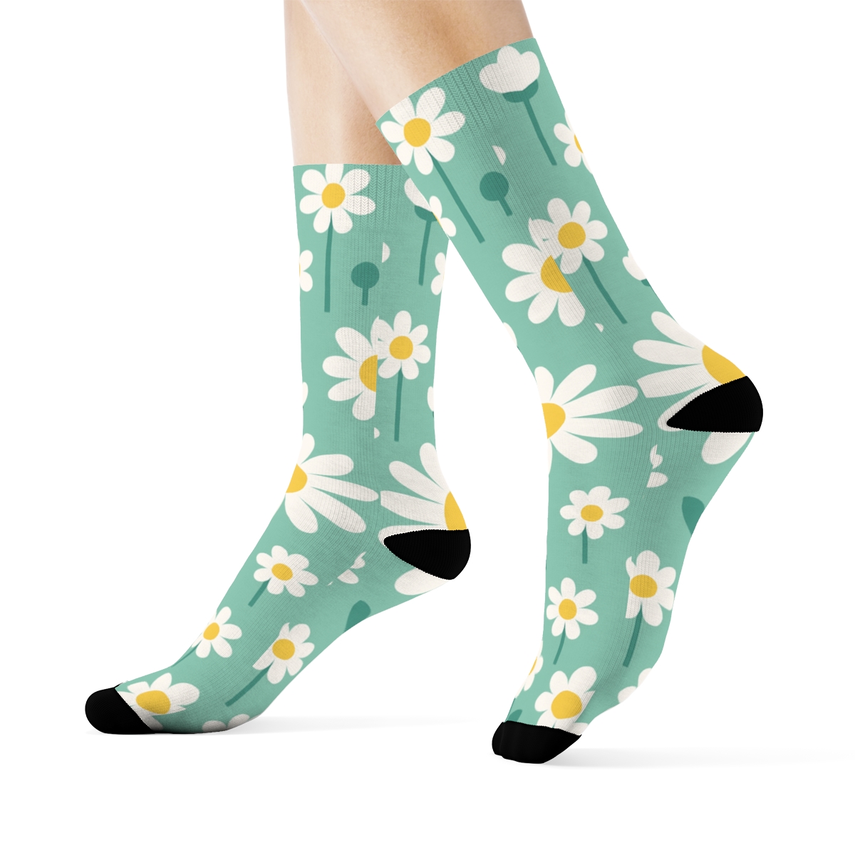 Daisy Grid On Mint Field trendy patterned crew socks