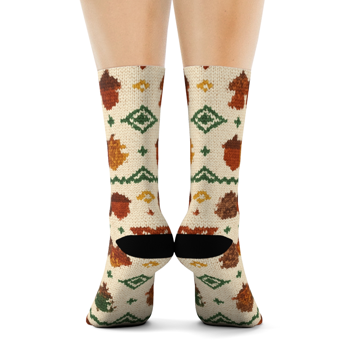 Knitted Pumpkin And Acorn Fair Isle On Creamy Beige Background premium sports crew socks