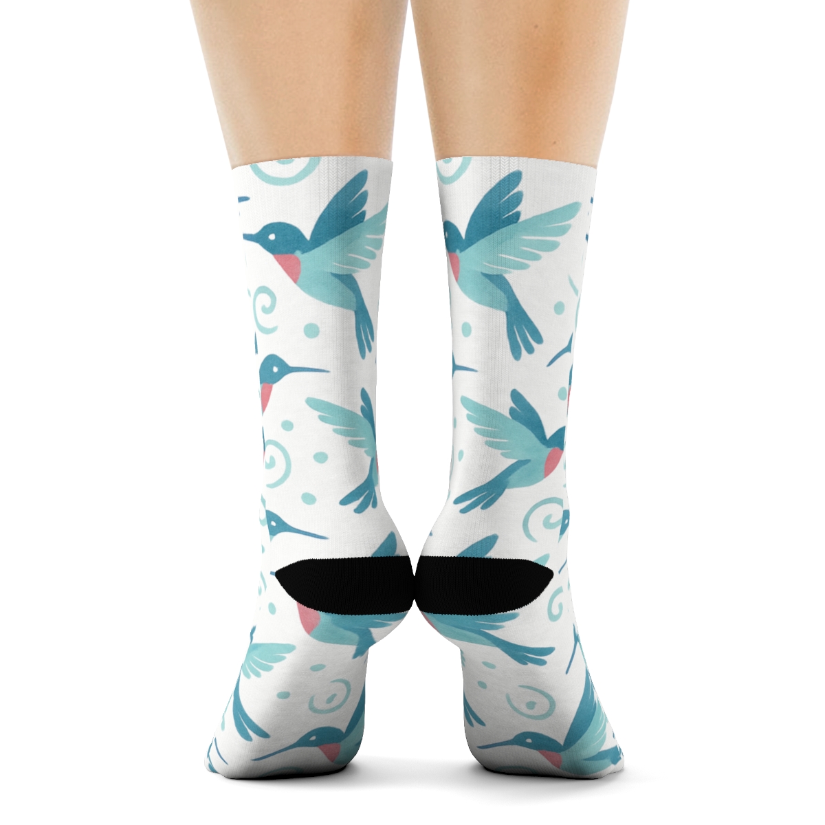 Sky Blue Hummingbird Flight Swirl On White Background unique graphic crew socks