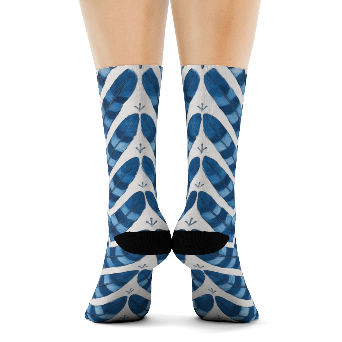 Blue Jay Feather Chevron On Snow White designer printed crew socks