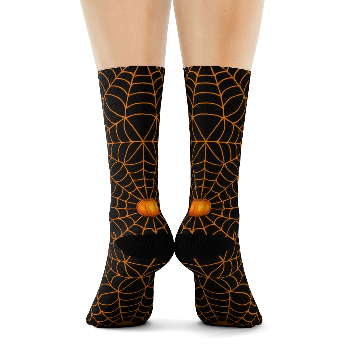 Orange Spider Web Overlay With Pumpkins On Black Background unique graphic crew socks