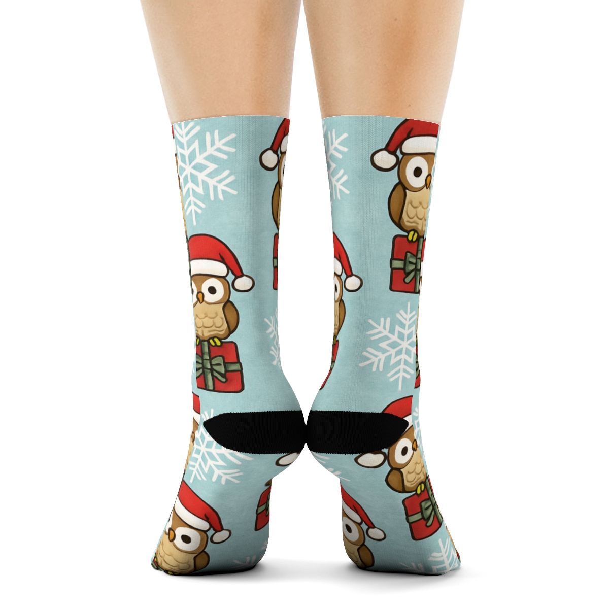 Santa Hat Owl Snowflake Grid On Ice Blue Background trendy patterned crew socks