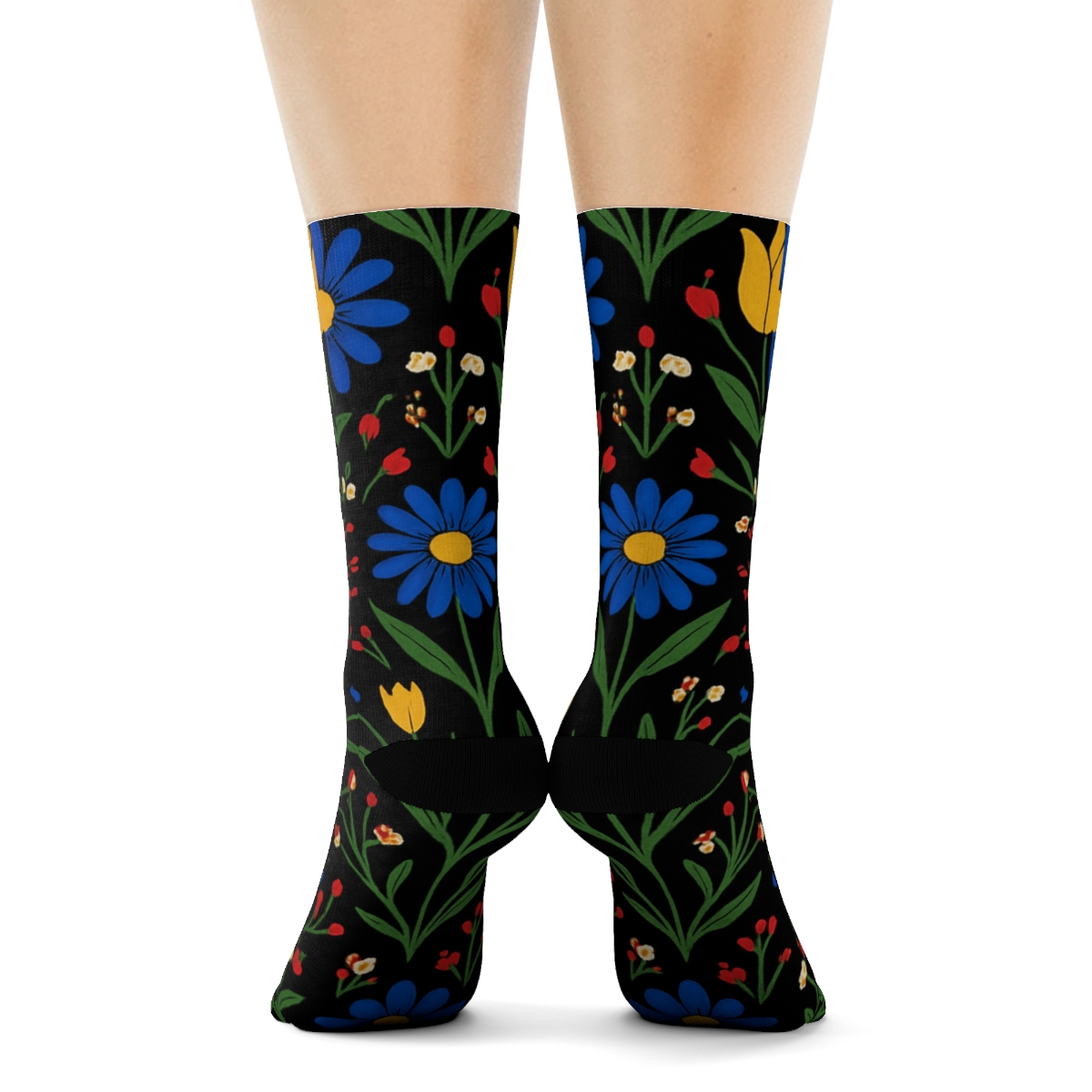 Midnight Wildflower Lattice On Black Background comfortable cotton crew socks