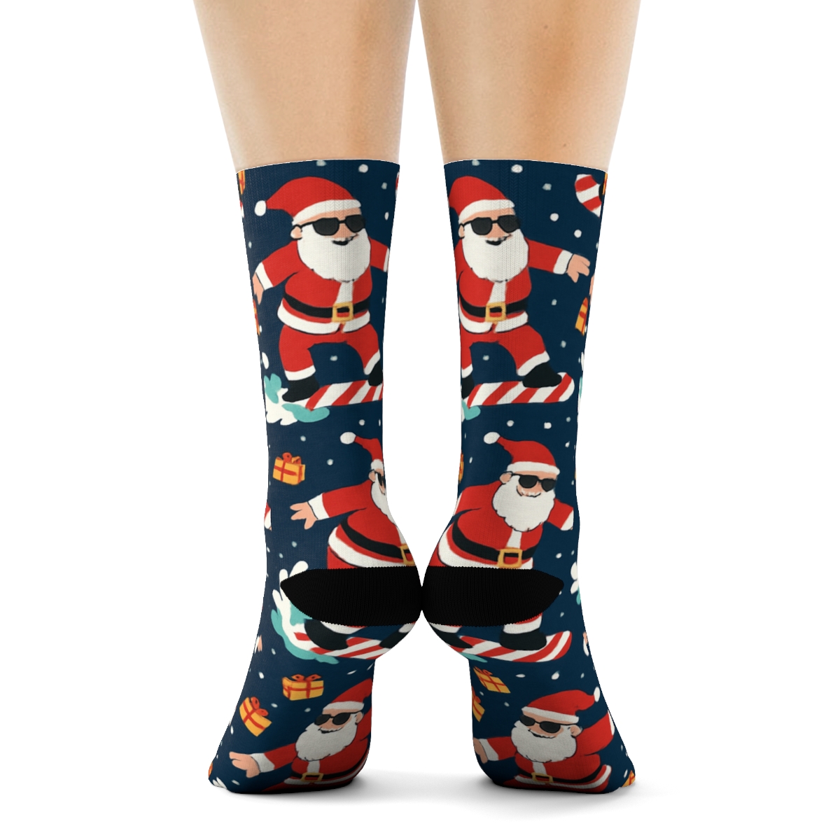 Santa Surfing Holiday Scatter On Navy custom crew socks