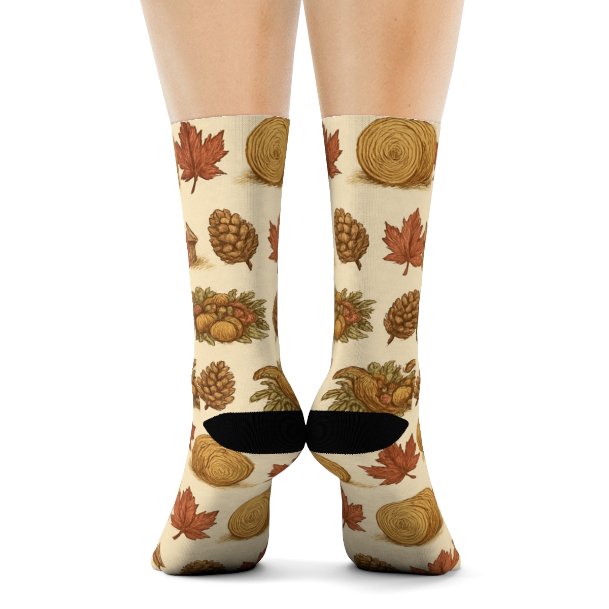 Rustic Harvest Barn Band On Creamy Beige designer printed crew socks