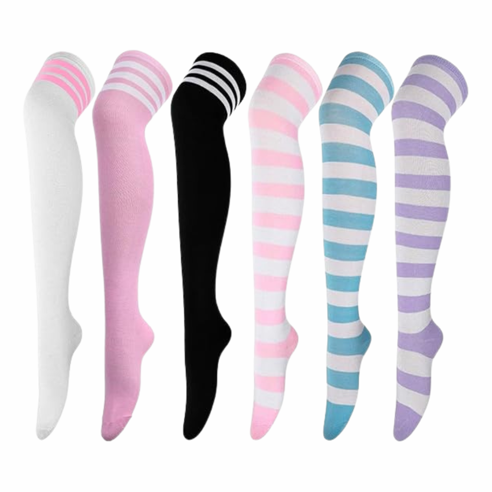 Pack Of 6 Striped Over Thigh Socks For Women