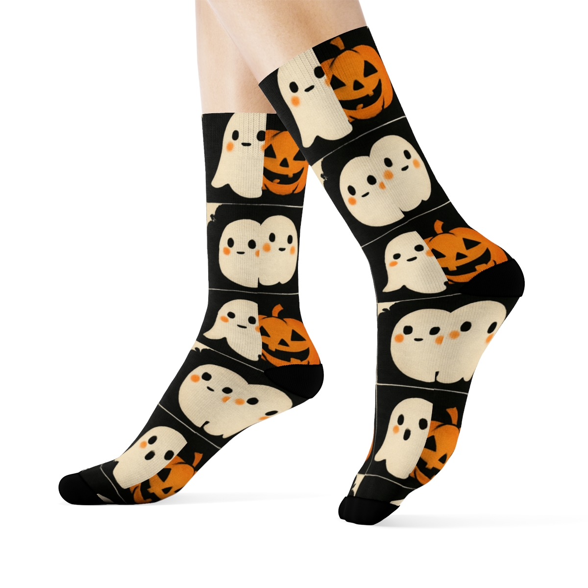 Orange Pumpkin And Ghost Alternating Checker On Black Background custom crew socks
