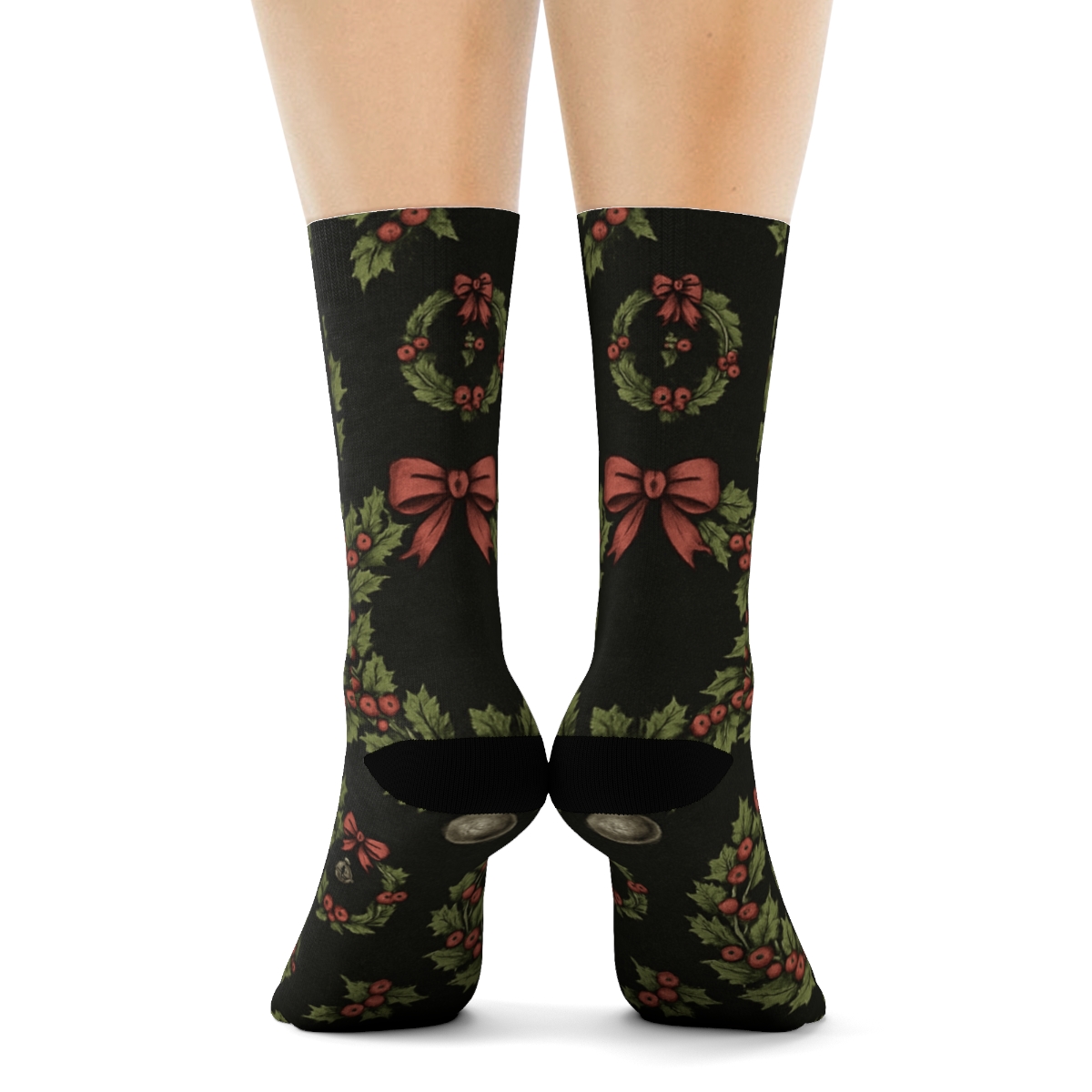 Vintage Holly And Berry Poster Look With Wreath Array soft everyday crew socks