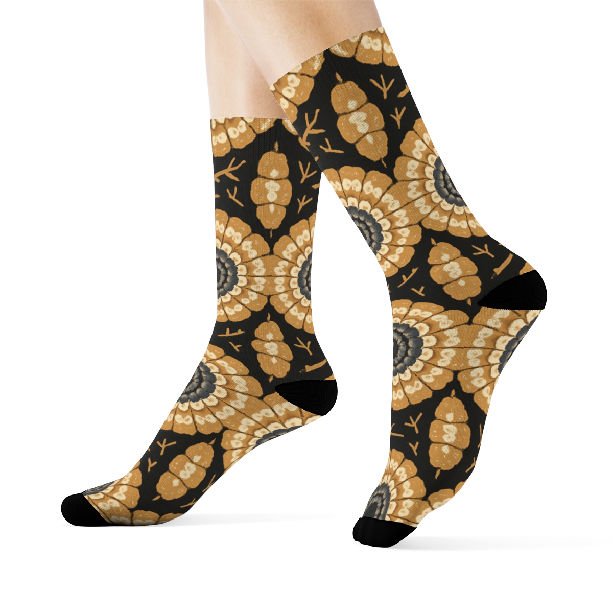 Owl Feather Rosette Medallions On Charcoal Black Background personalized crew socks