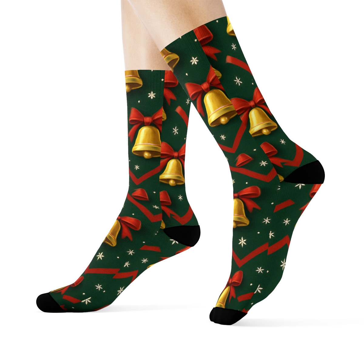 Golden Holiday Bells Chevron On Dark Forest designer printed crew socks