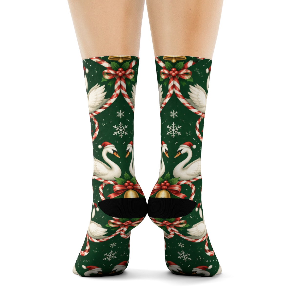 Snowy Swan Candy Ribbon Tessellation On Emerald Background premium sports crew socks [AI-547cbc84-9dd5dbcbeece]