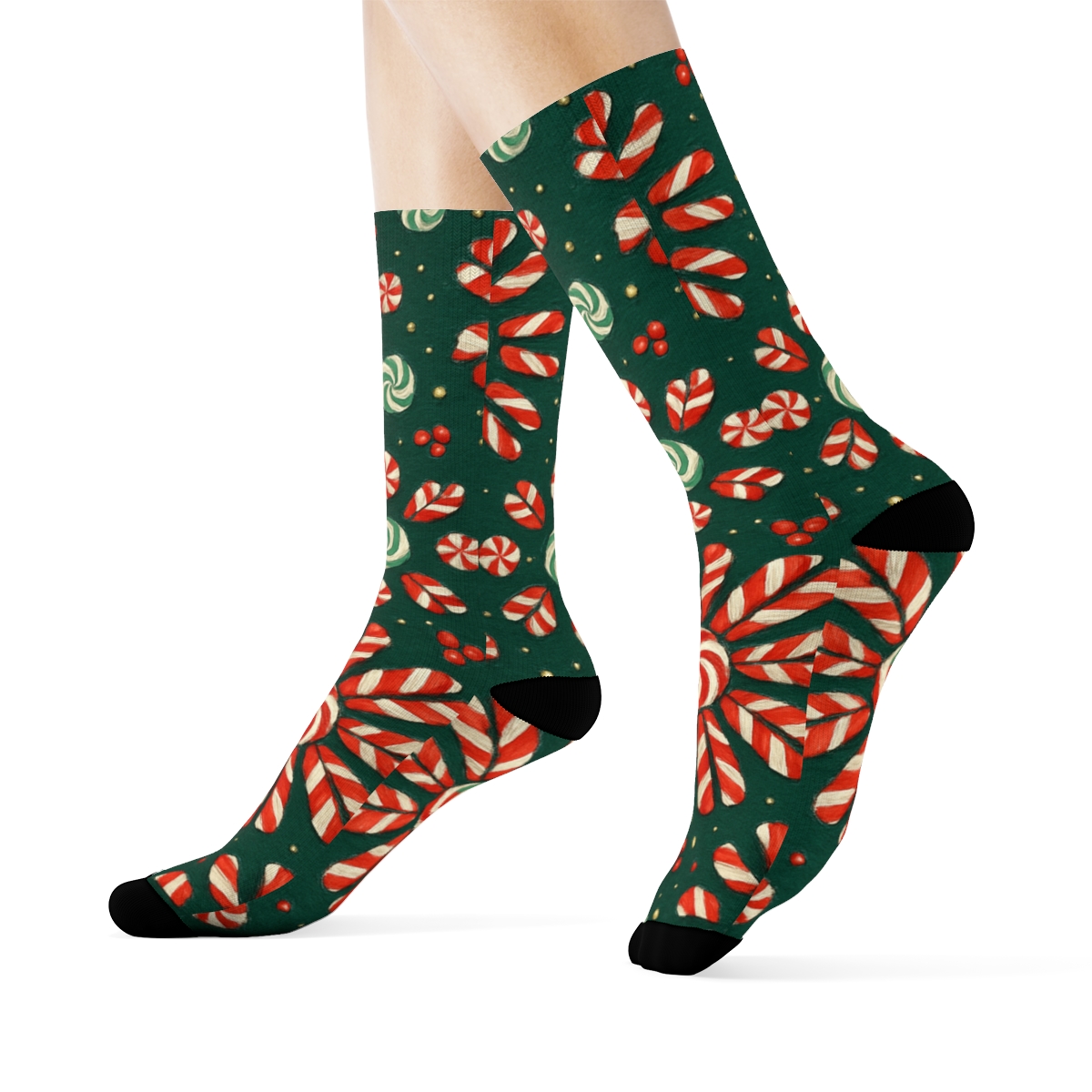 Candy Canes Rosette Tessellation On Deep Green stylish athletic crew socks